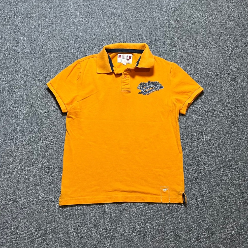Mustang Polo Shirt Size M (Fits S) Orange Short Sleeve Graphic Pique Cotton Tee